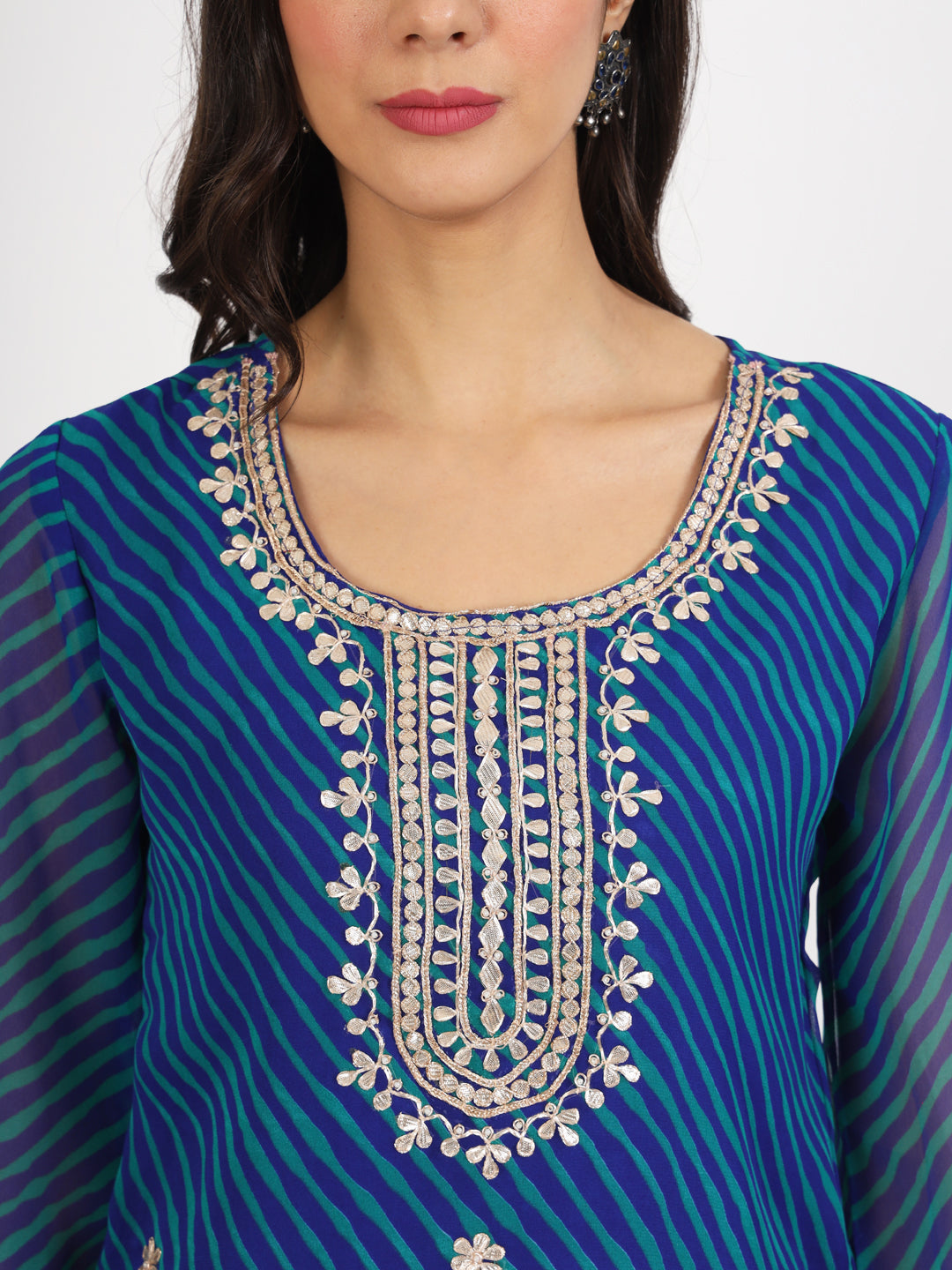 Noe Velarro Blue Leheriya Gotta Patti Work Geogratte Round Neck Top
