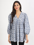 Noe Velarro Grey White Floral Printed Cotton Top