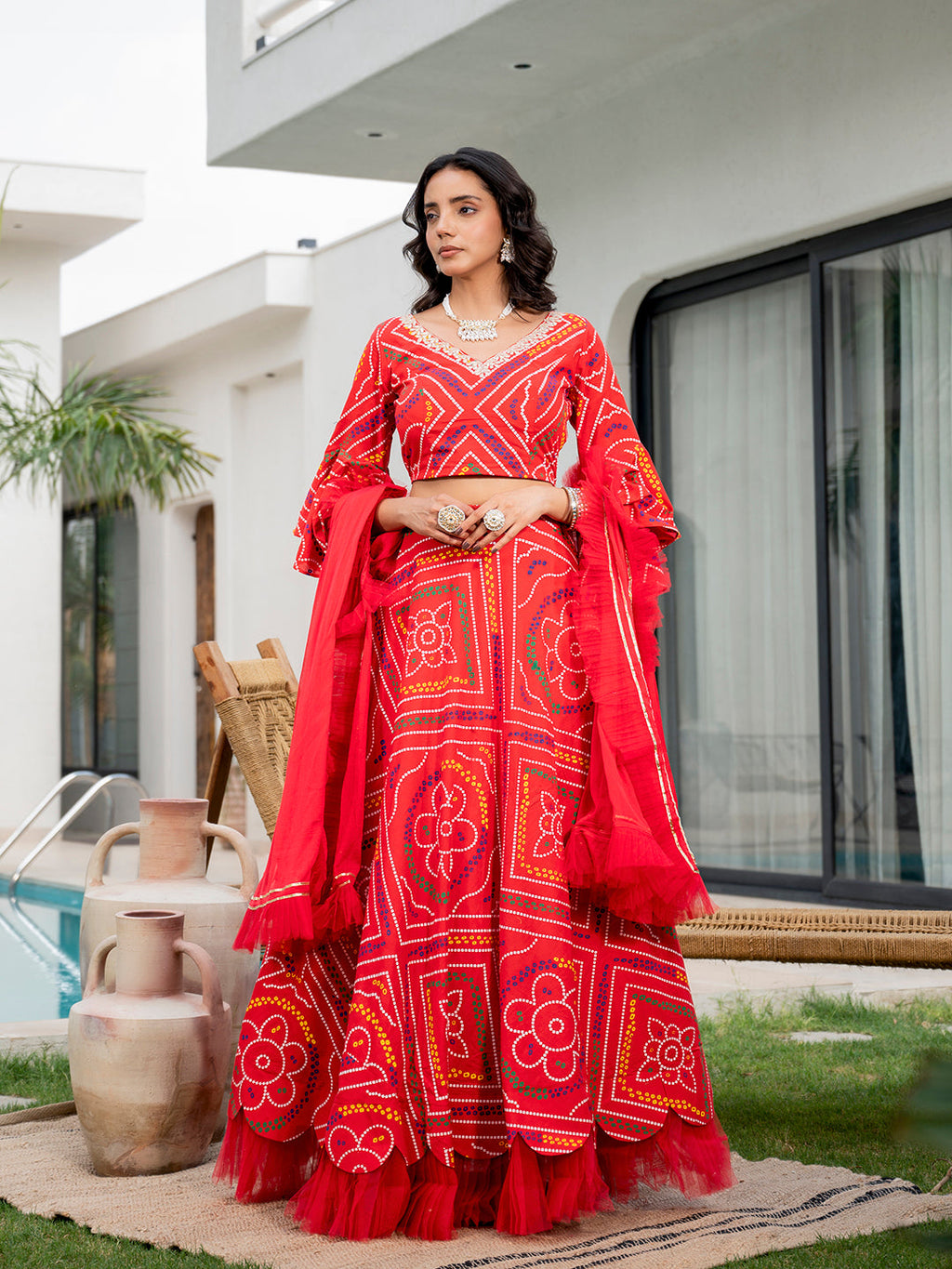 Noe Velarro Bandhani Printed Cotton Lehenga & Blouse With Dupatta