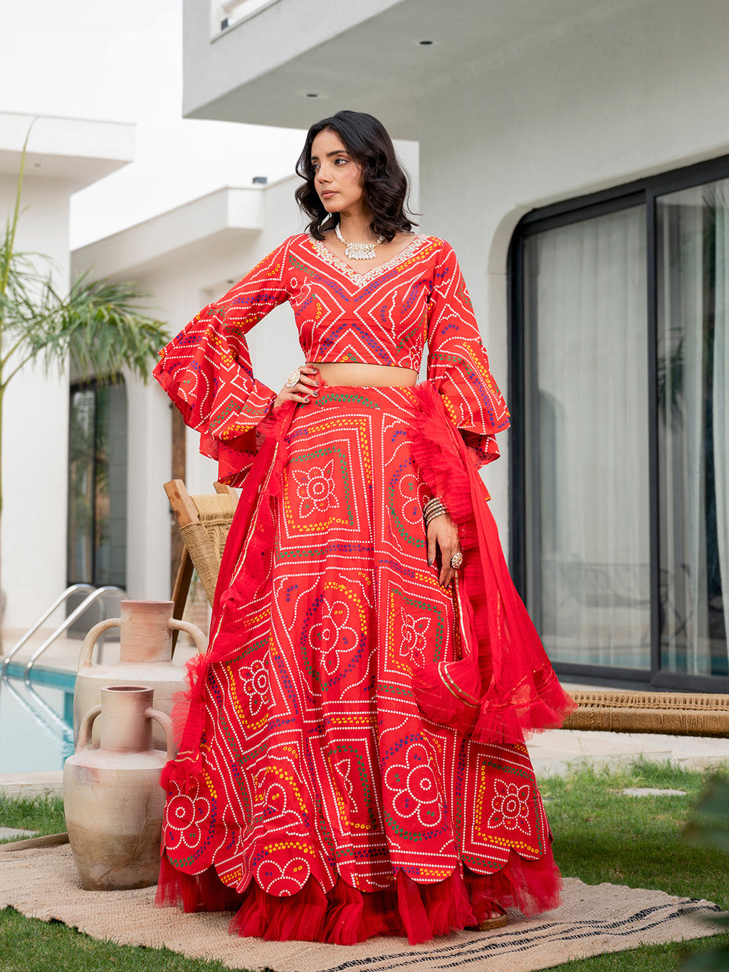 Noe Velarro Bandhani Printed Cotton Lehenga & Blouse With Dupatta