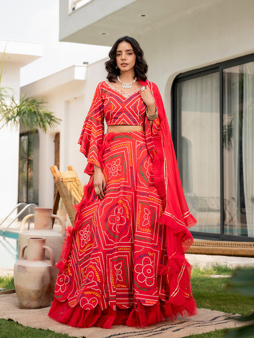 Noe Velarro Bandhani Printed Cotton Lehenga & Blouse With Dupatta