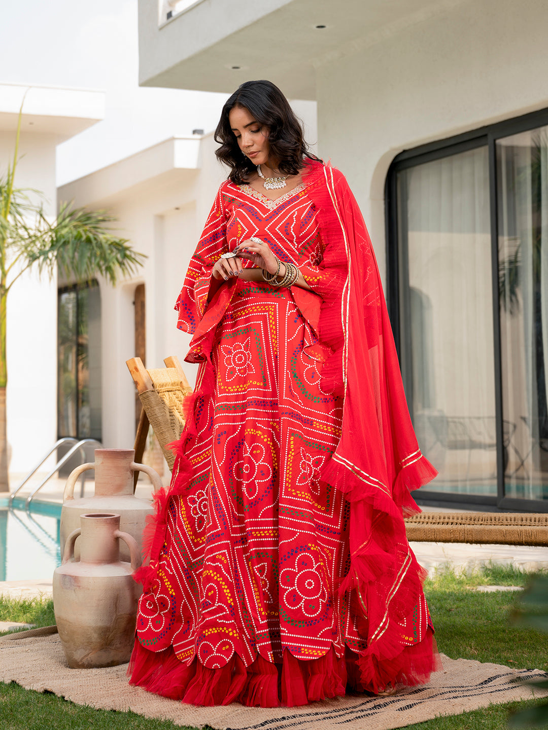 Noe Velarro Bandhani Printed Cotton Lehenga & Blouse With Dupatta