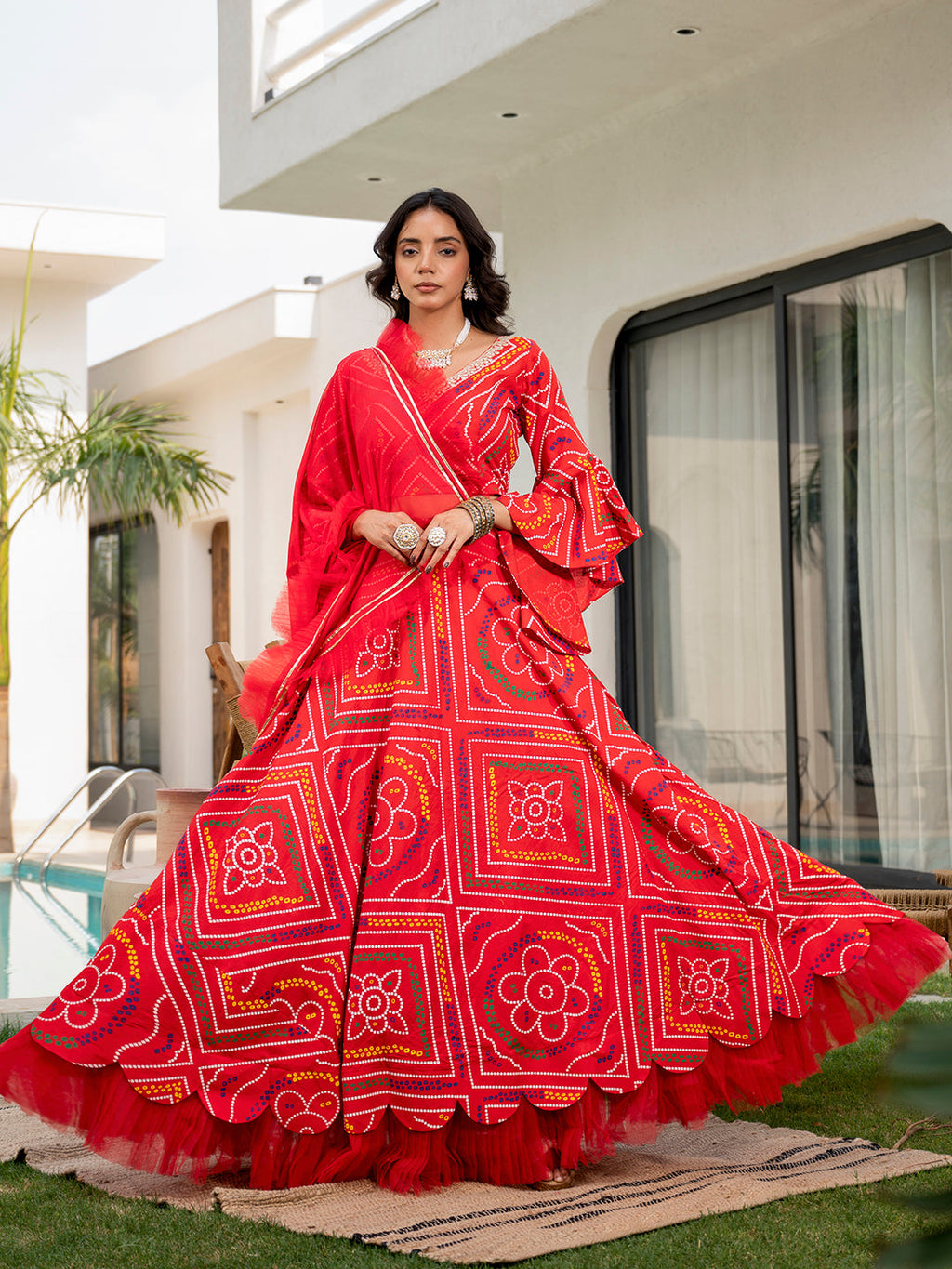 Noe Velarro Bandhani Printed Cotton Lehenga & Blouse With Dupatta