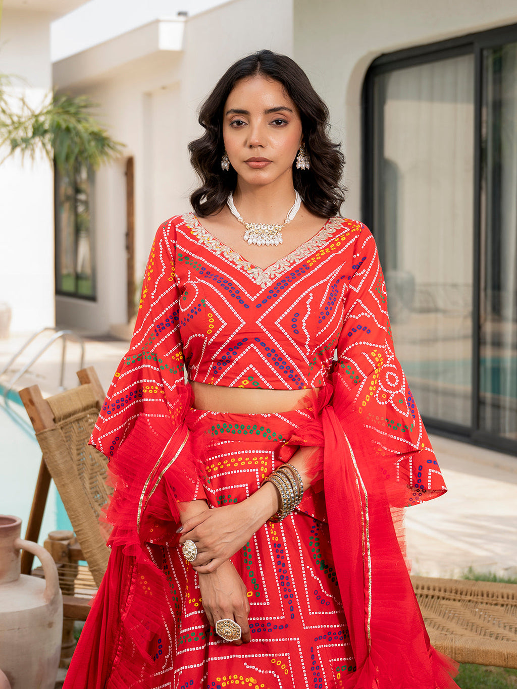 Noe Velarro Bandhani Printed Cotton Lehenga & Blouse With Dupatta