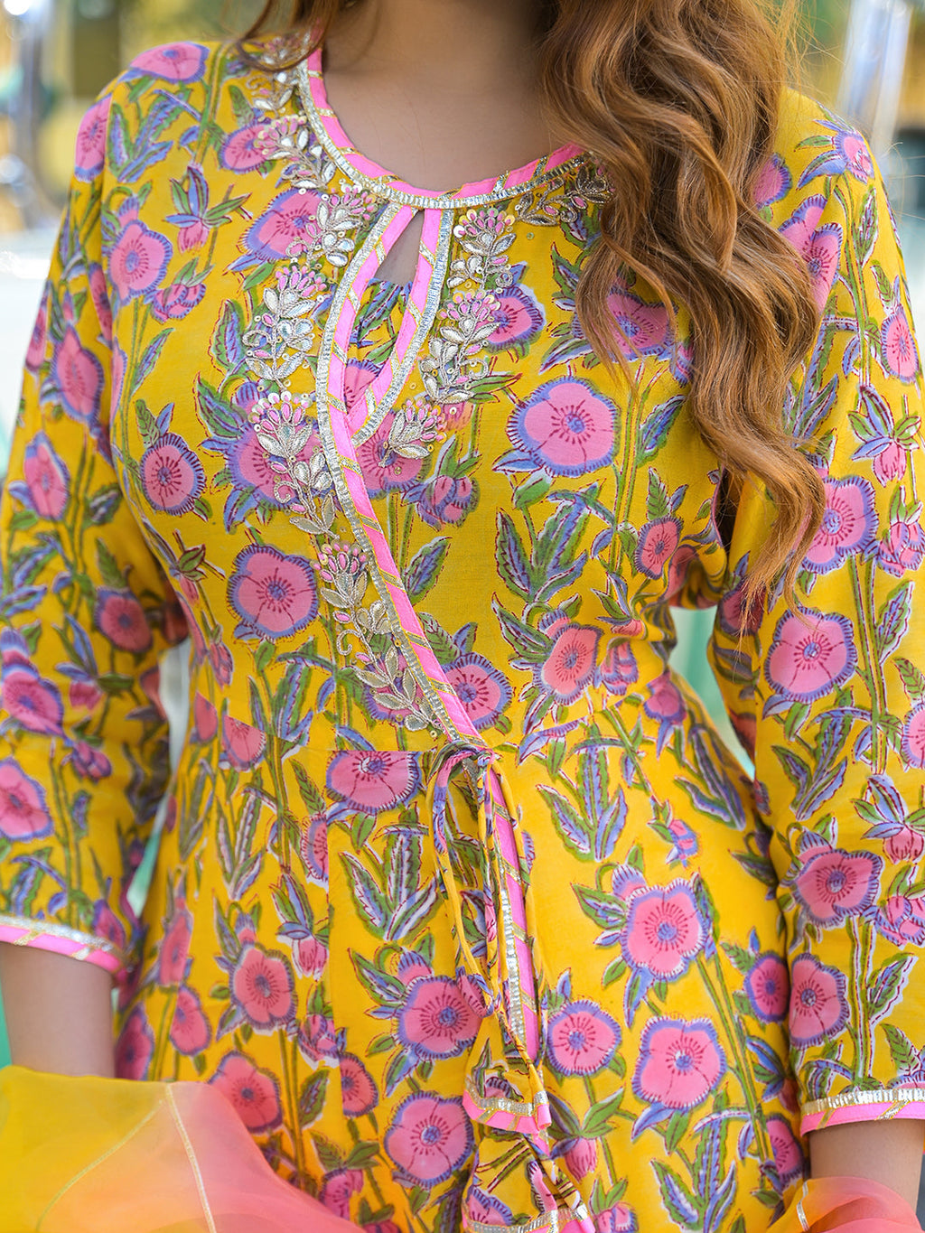Noe Velarro Yellow Floral Printed Muslin Kurta Pant with Dupatta