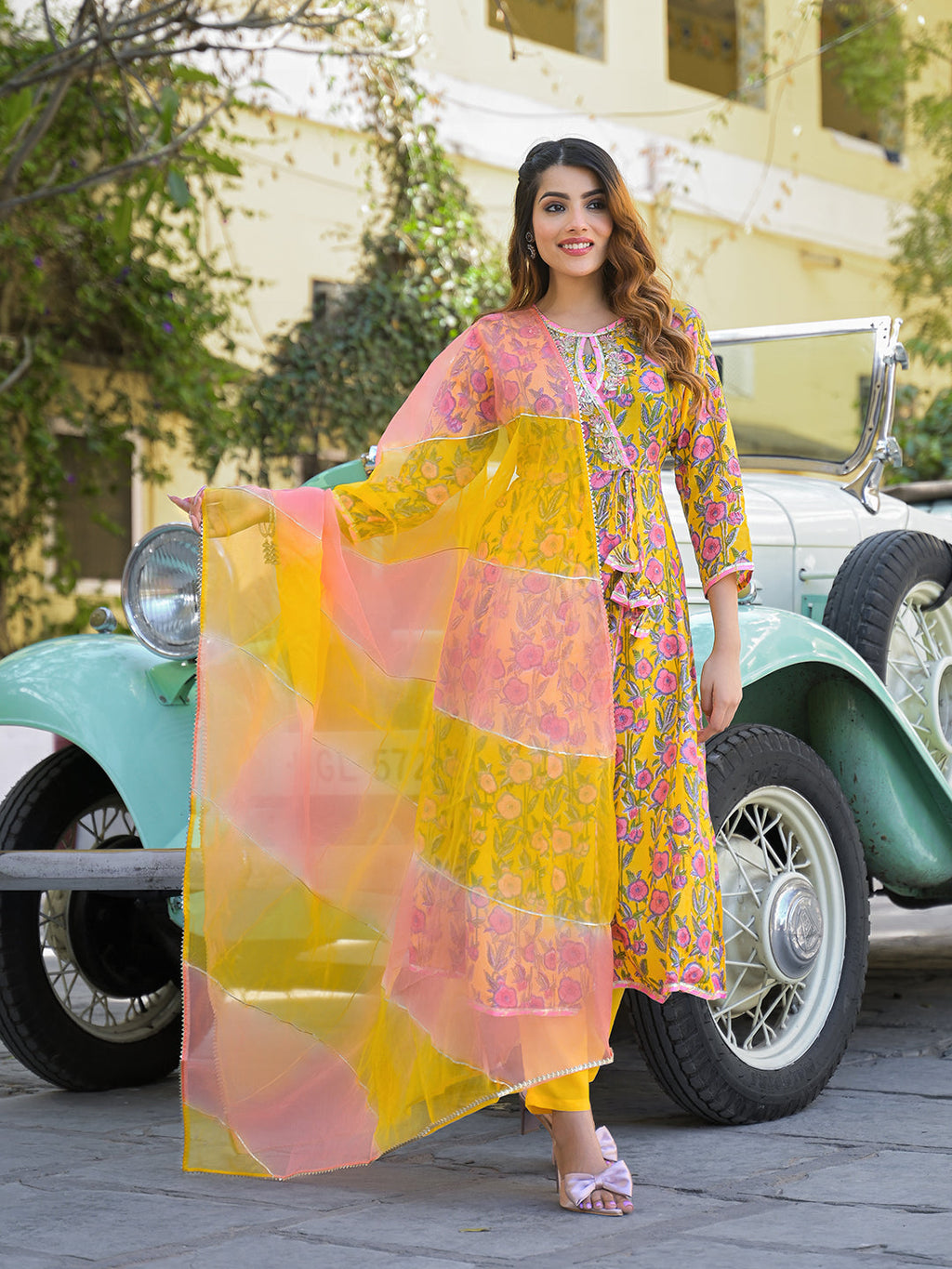 Noe Velarro Yellow Floral Printed Muslin Kurta Pant with Dupatta