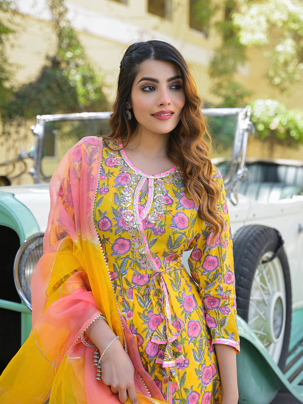Noe Velarro Yellow Floral Printed Muslin Kurta Pant with Dupatta