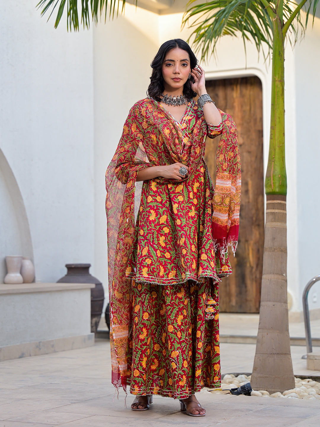 Noe Velarro Maroon Floral Print Cotton Angarkha Kurta Gharara Set for women