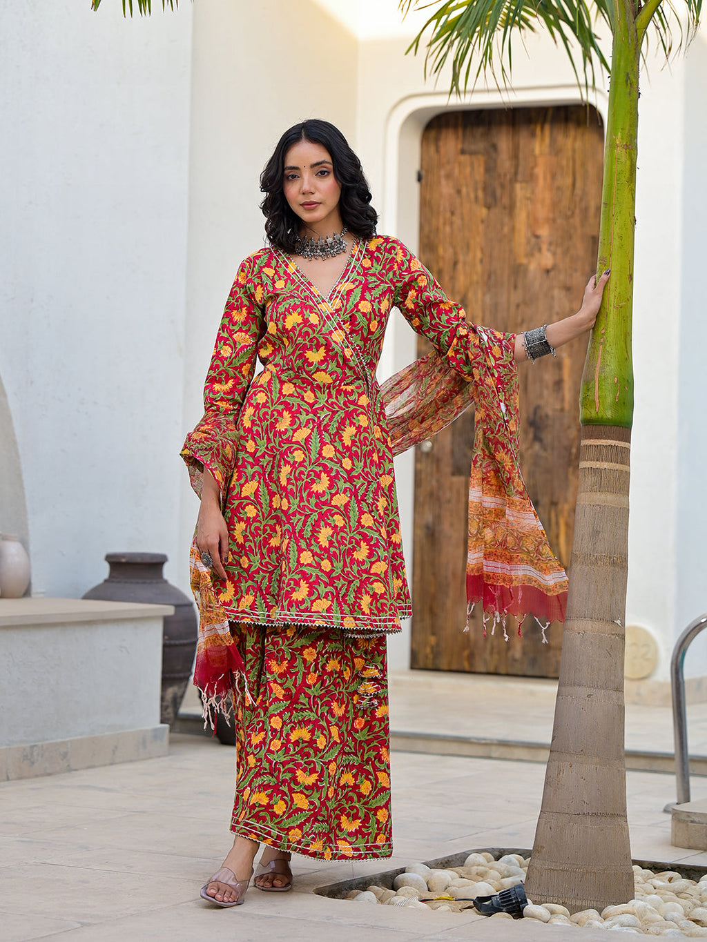 Noe Velarro Maroon Floral Print Cotton Angarkha Kurta Gharara Set for women