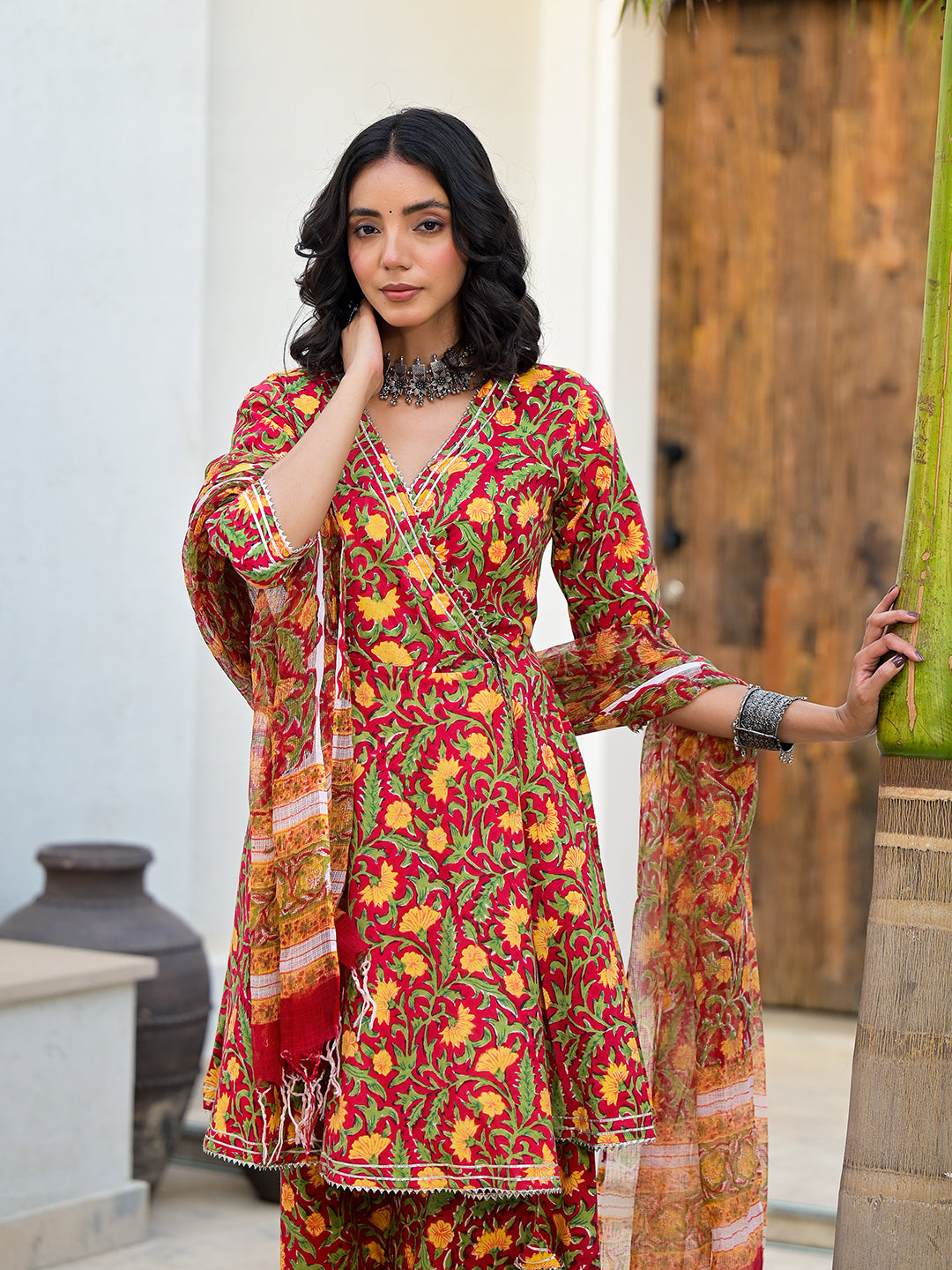 Noe Velarro Maroon Floral Print Cotton Angarkha Kurta Gharara Set for women