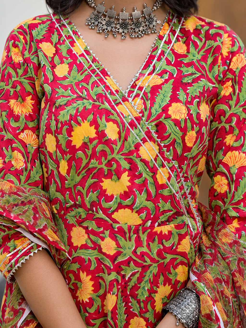 Noe Velarro Maroon Floral Print Cotton Angarkha Kurta Gharara Set for women
