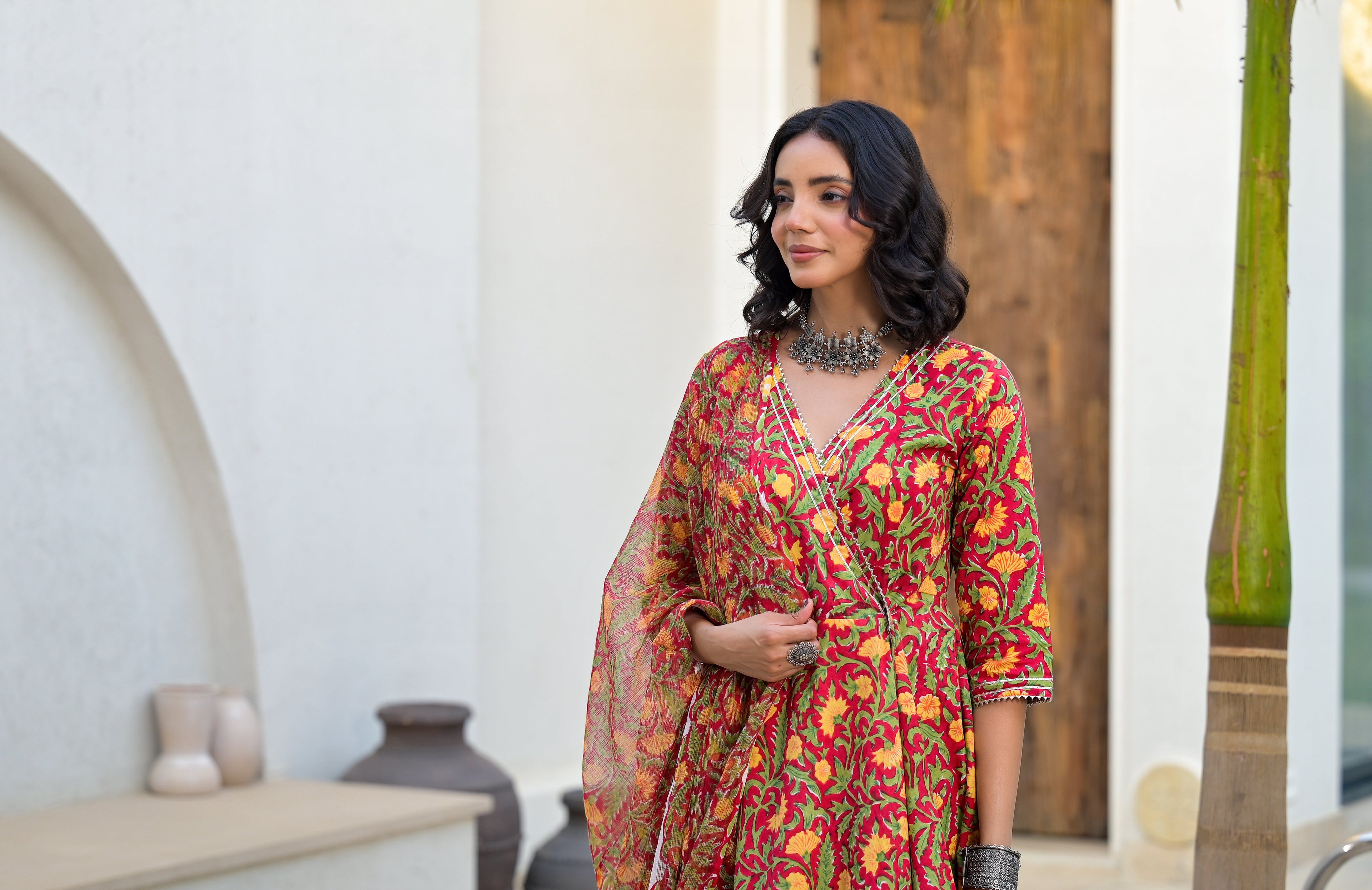 Noe Velarro Maroon Floral Print Cotton Angarkha Kurta Gharara Set for women