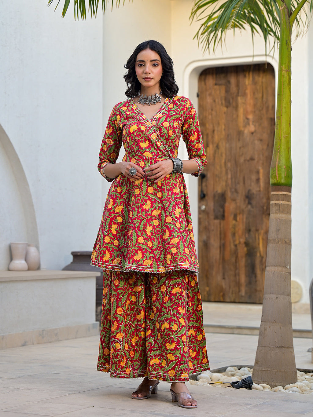 Noe Velarro Maroon Floral Print Cotton Angarkha Kurta Gharara Set for women