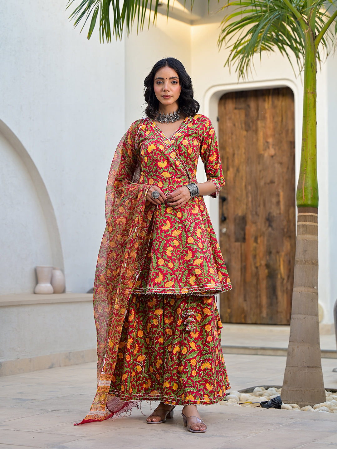 Noe Velarro Maroon Floral Print Cotton Angarkha Kurta Gharara Set for women