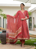 Noe Velarro Red Floral Printed Round Neck Pure Cotton Anarkali Kurta With Trousers & Dupatta