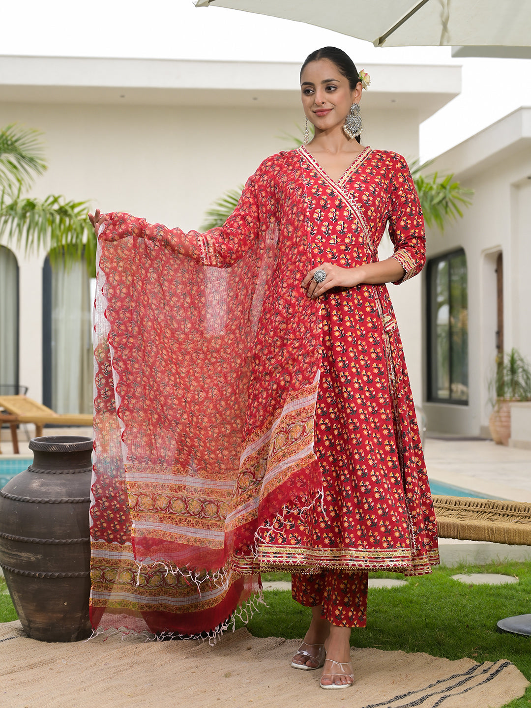 Noe Velarro Red Floral Printed Round Neck Pure Cotton Anarkali Kurta With Trousers & Dupatta