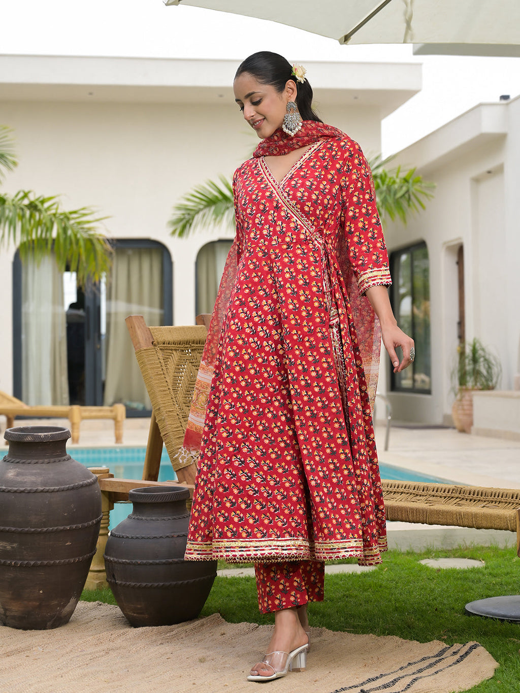 Noe Velarro Red Floral Printed Round Neck Pure Cotton Anarkali Kurta With Trousers & Dupatta