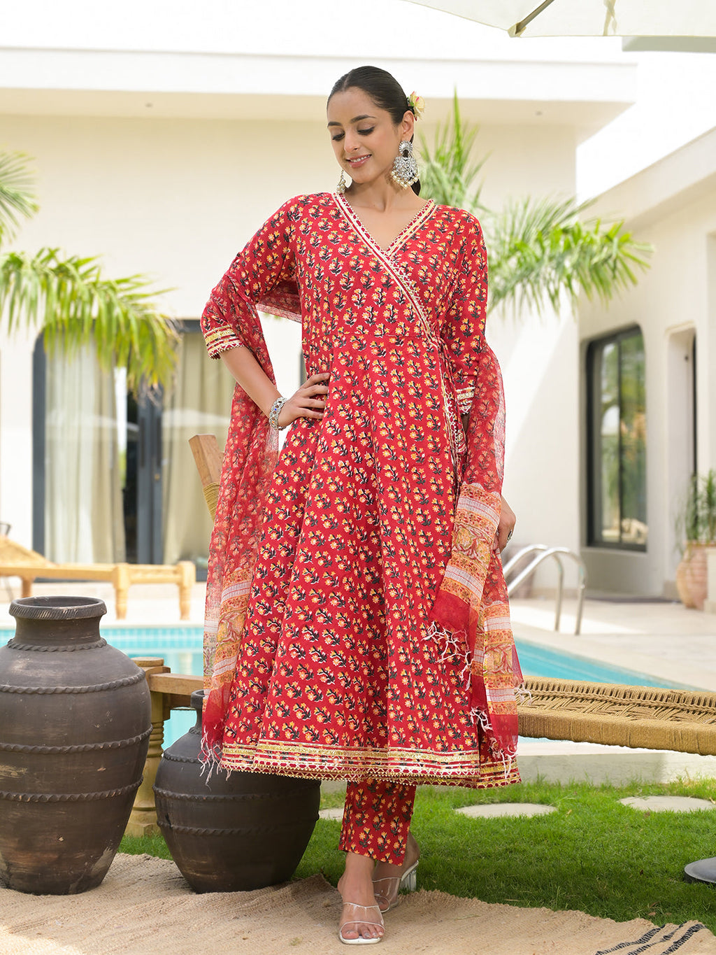 Noe Velarro Red Floral Printed Round Neck Pure Cotton Anarkali Kurta With Trousers & Dupatta