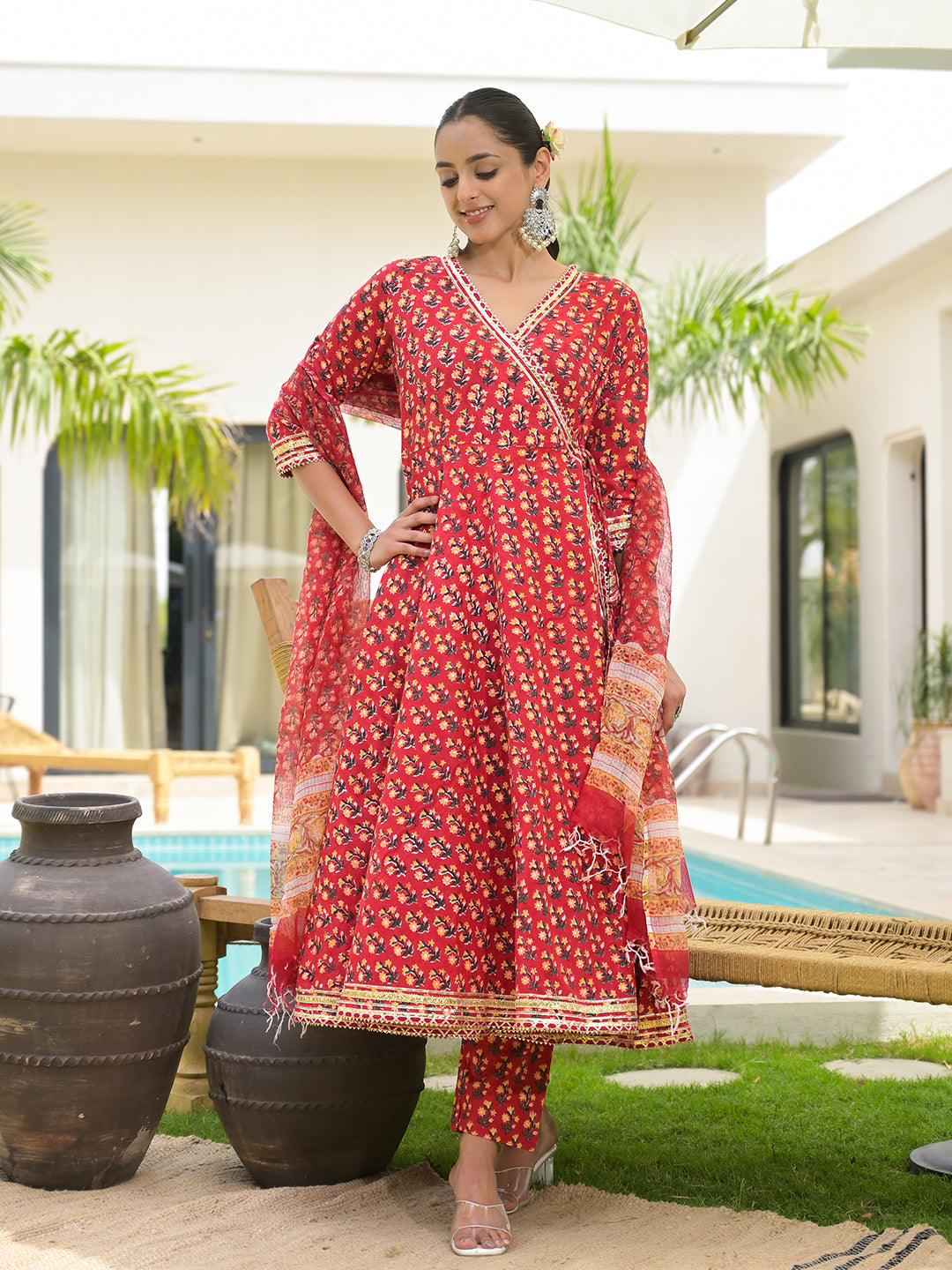 Noe Velarro Red Floral Printed Round Neck Pure Cotton Anarkali Kurta With Trousers & Dupatta