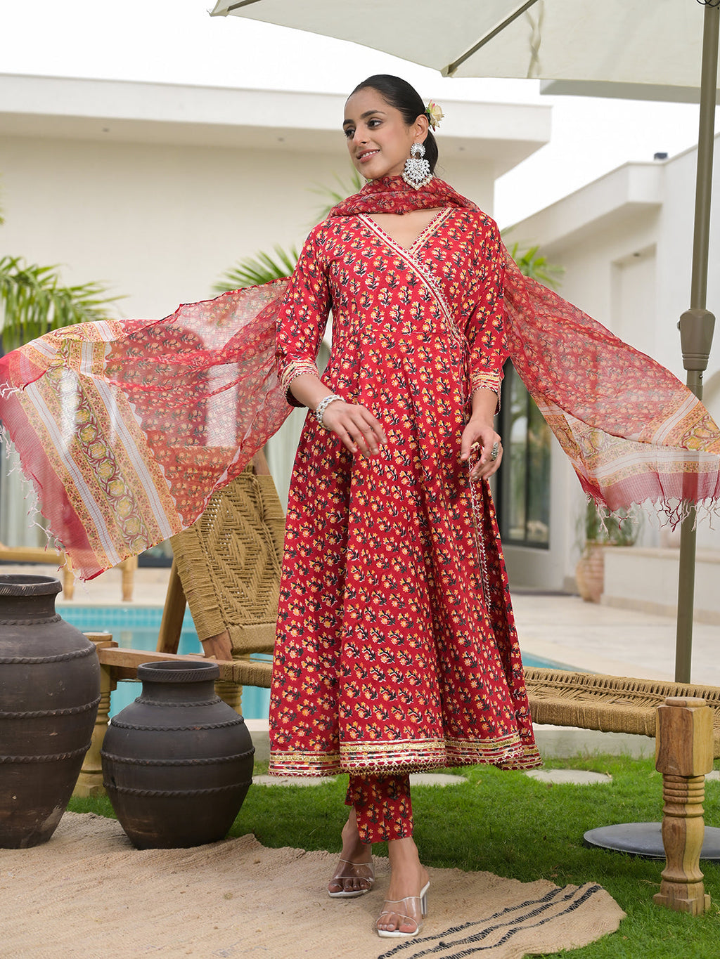 Noe Velarro Red Floral Printed Round Neck Pure Cotton Anarkali Kurta With Trousers & Dupatta
