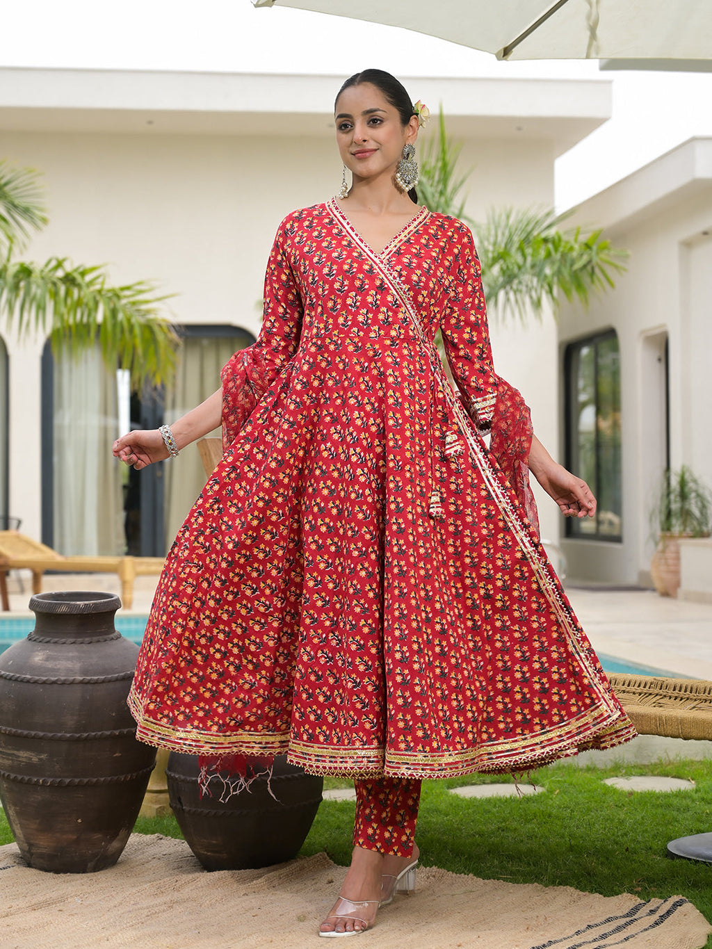 Noe Velarro Red Floral Printed Round Neck Pure Cotton Anarkali Kurta With Trousers & Dupatta