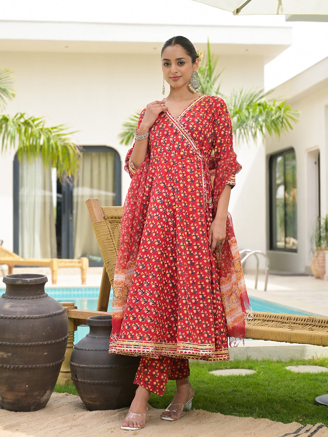 Noe Velarro Red Floral Printed Round Neck Pure Cotton Anarkali Kurta With Trousers & Dupatta