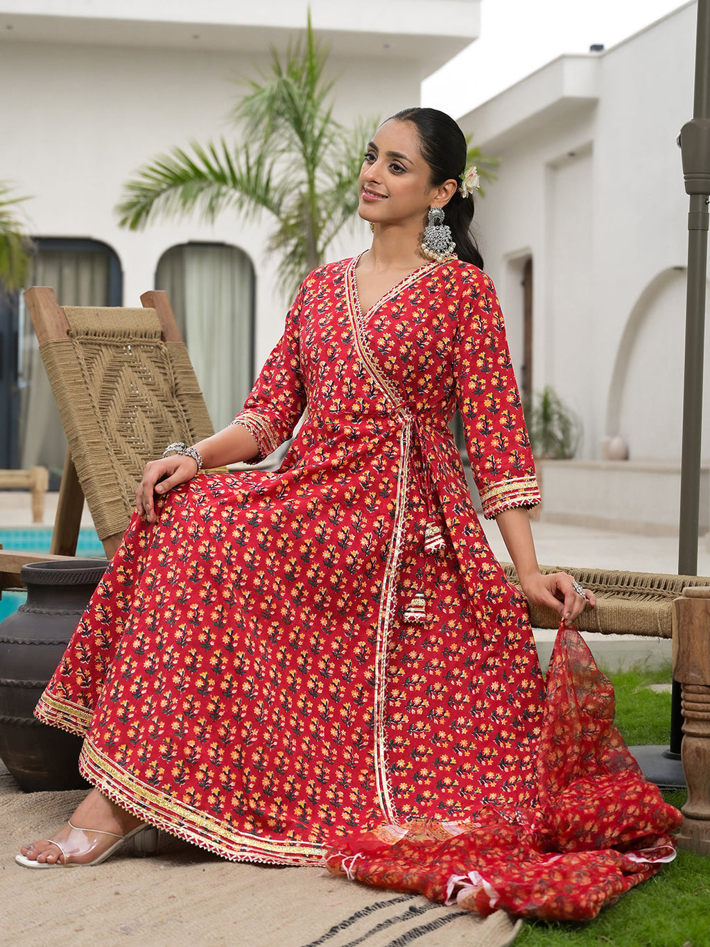 Noe Velarro Red Floral Printed Round Neck Pure Cotton Anarkali Kurta With Trousers & Dupatta