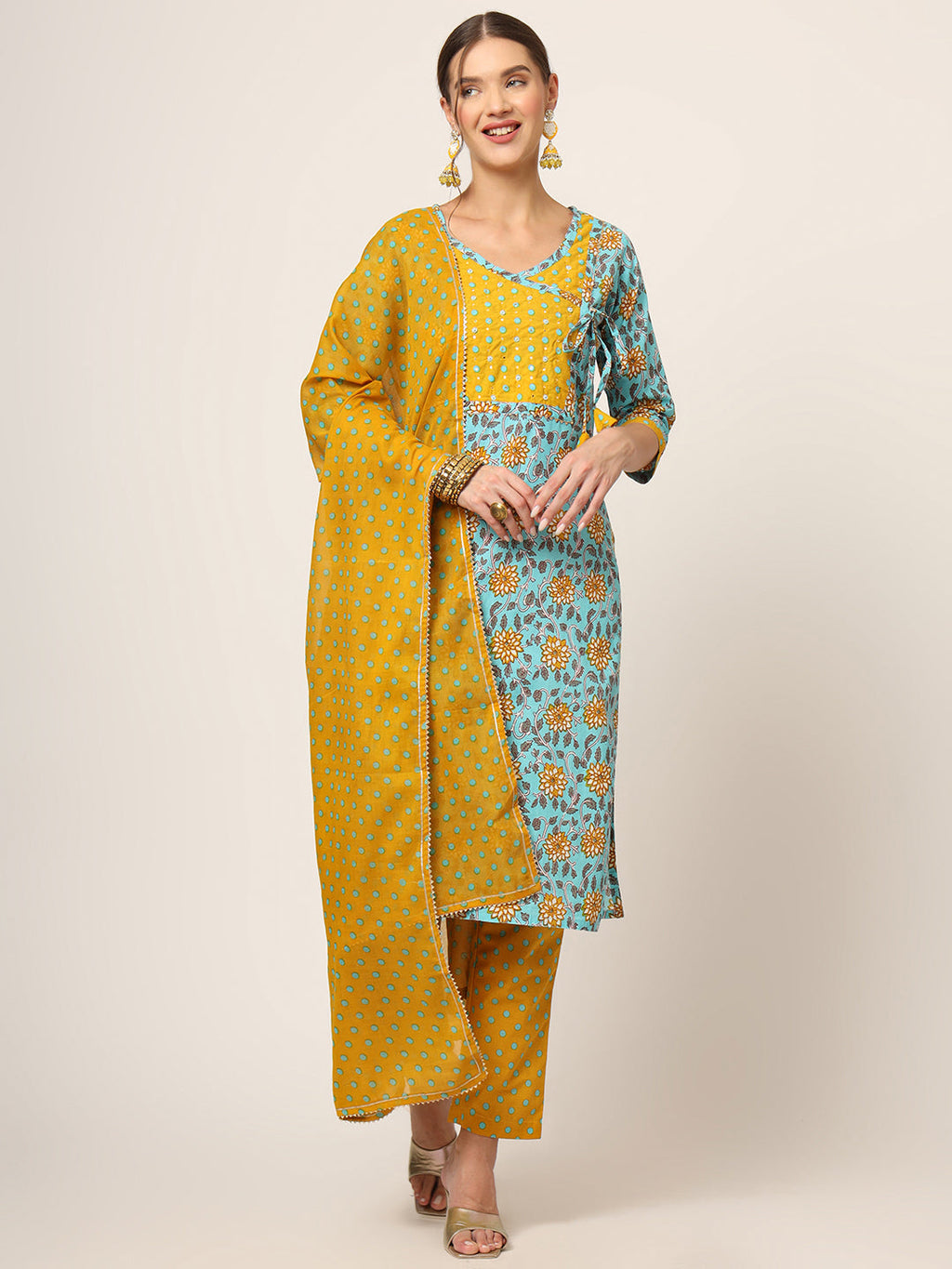 Noe Velarro Blue Floral Print Cotton Straight fit Kurta Set