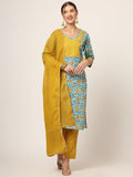 Noe Velarro Blue Floral Print Cotton Straight fit Kurta Set