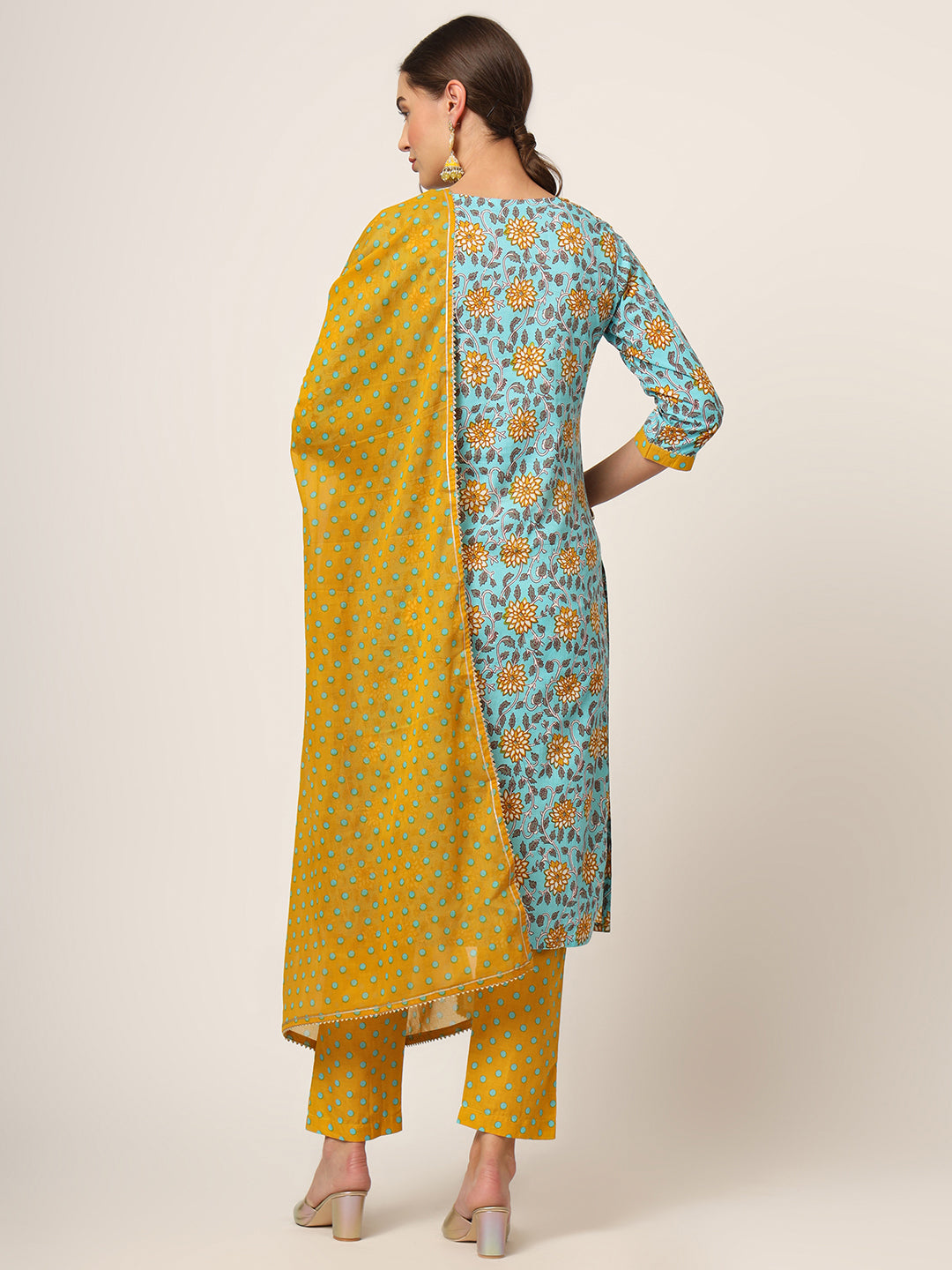 Noe Velarro Blue Floral Print Cotton Straight fit Kurta Set