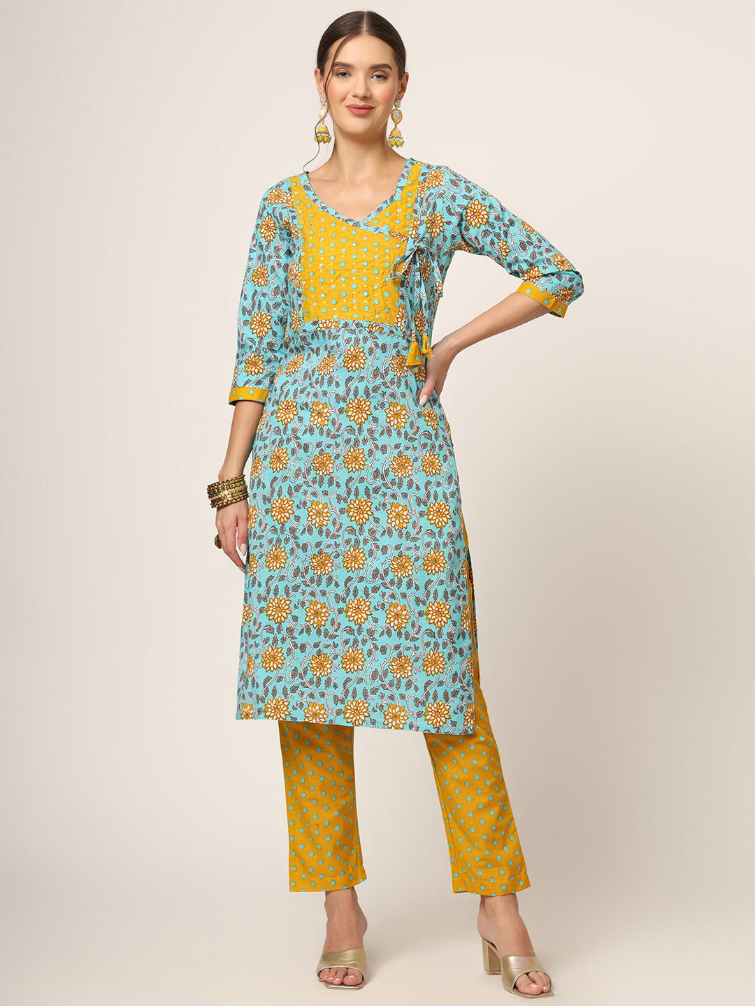Noe Velarro Blue Floral Print Cotton Straight fit Kurta Set