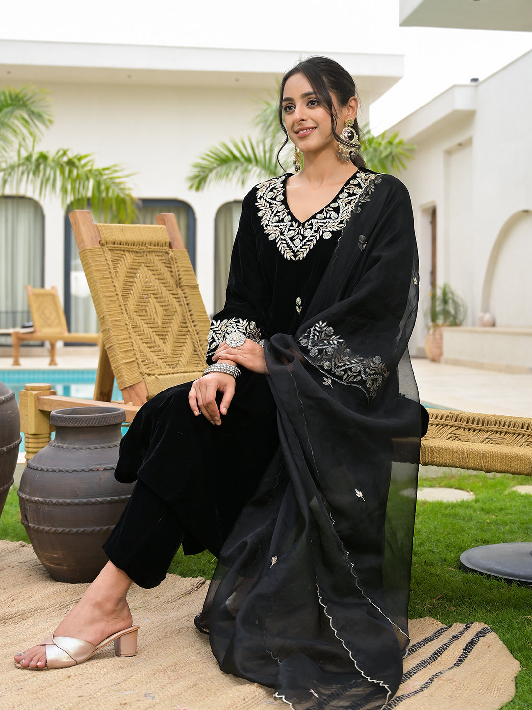 Noe Velarro Embroidered Black Velvet Kurta Pant Dupatta Set for Women
