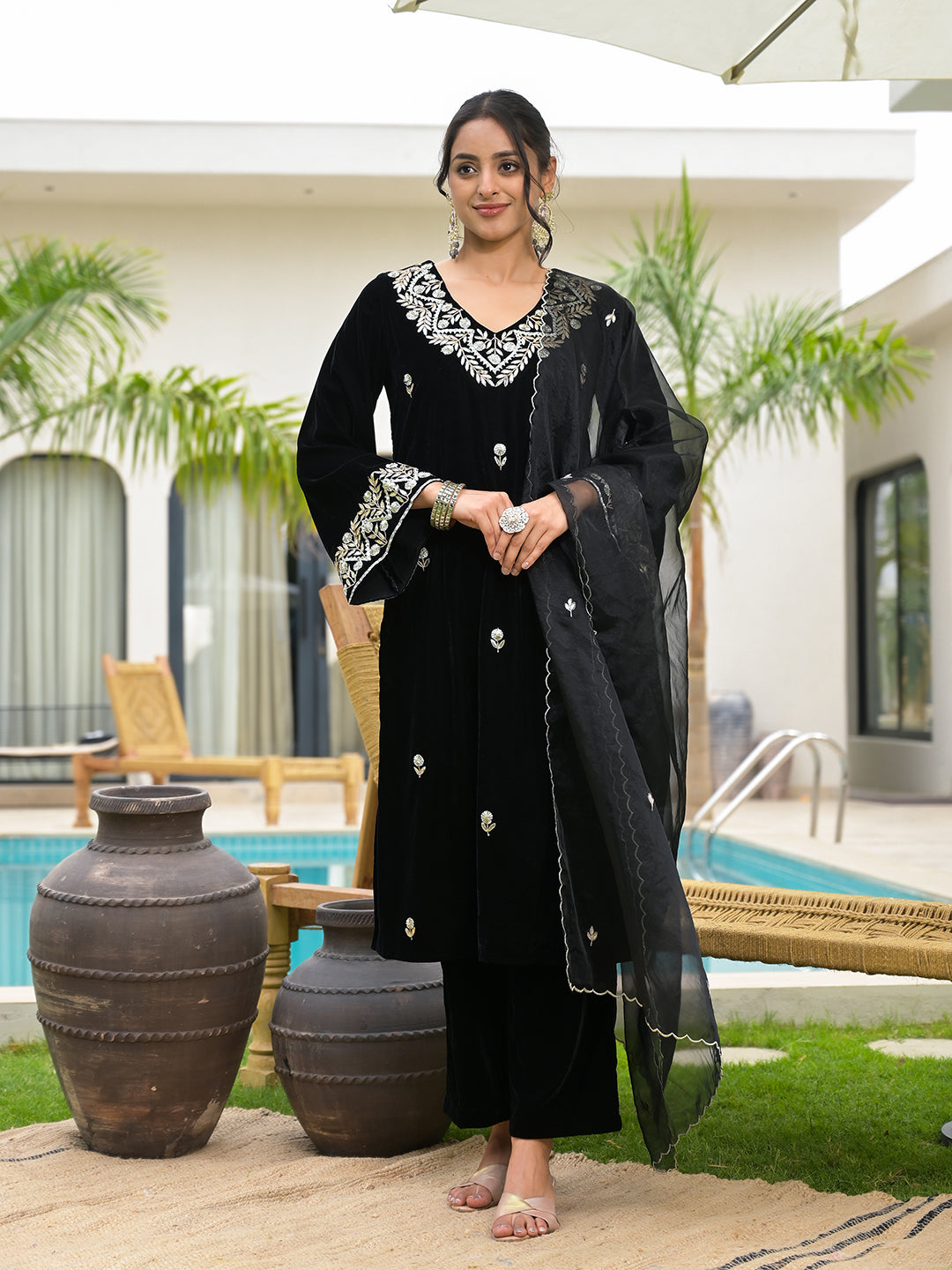 Noe Velarro Embroidered Black Velvet Kurta Pant Dupatta Set for Women