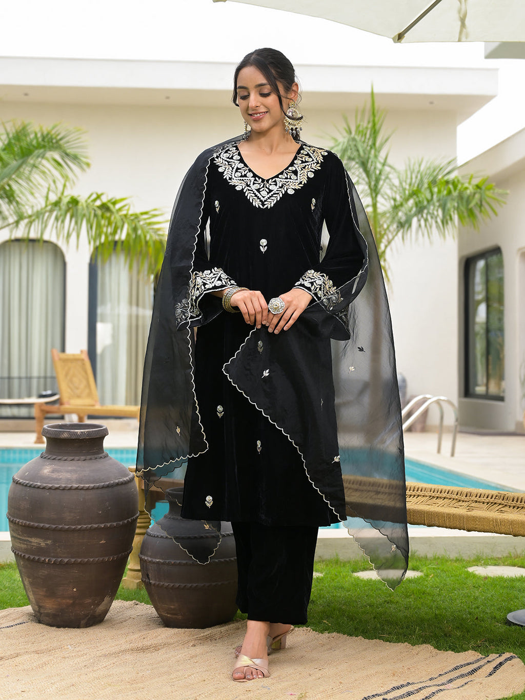Noe Velarro Embroidered Black Velvet Kurta Pant Dupatta Set for Women