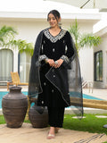 Noe Velarro Embroidered Black Velvet Kurta Pant Dupatta Set for Women