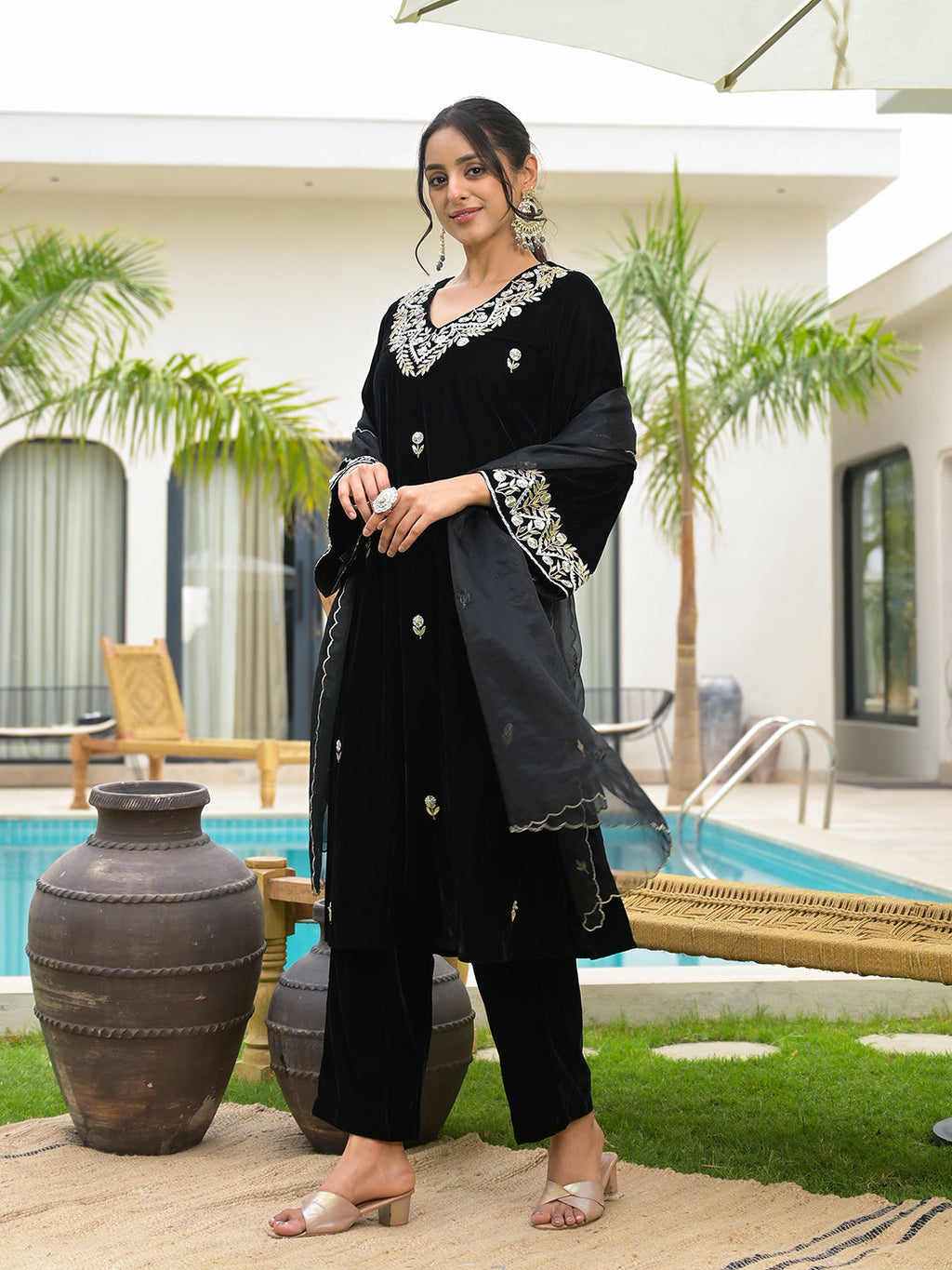 Noe Velarro Embroidered Black Velvet Kurta Pant Dupatta Set for Women