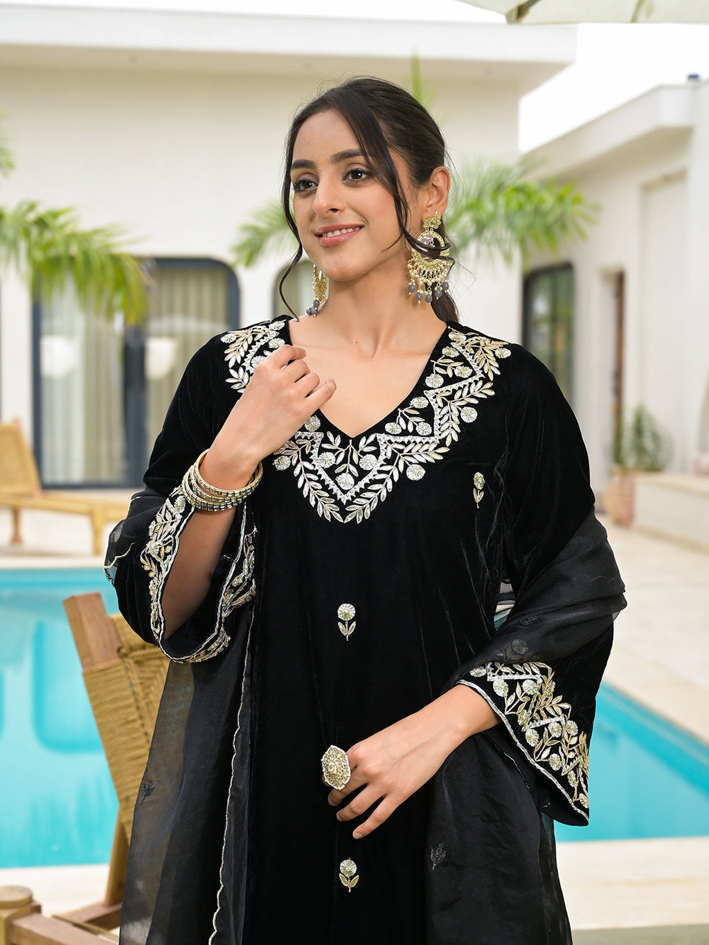 Noe Velarro Embroidered Black Velvet Kurta Pant Dupatta Set for Women