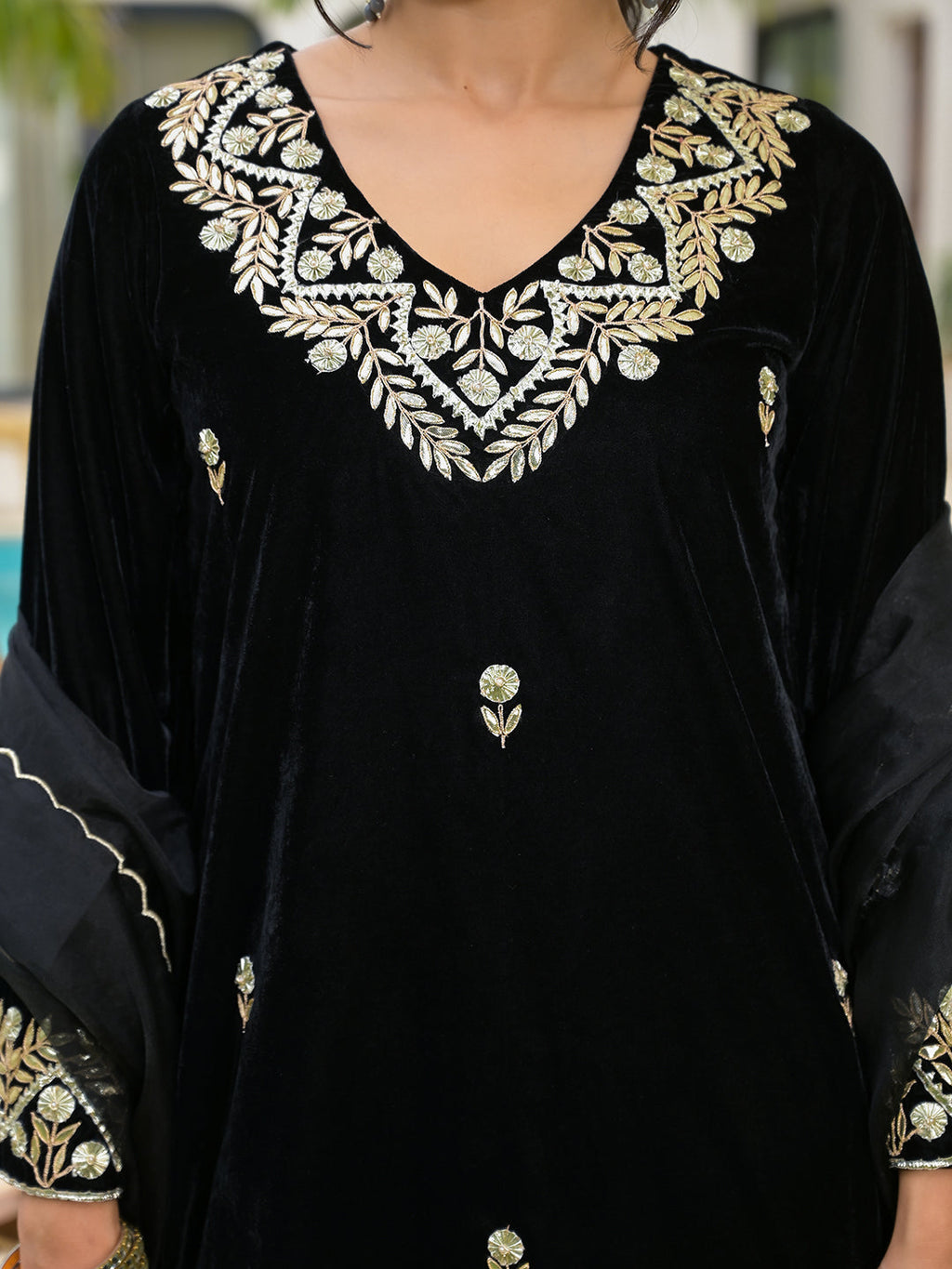 Noe Velarro Embroidered Black Velvet Kurta Pant Dupatta Set for Women