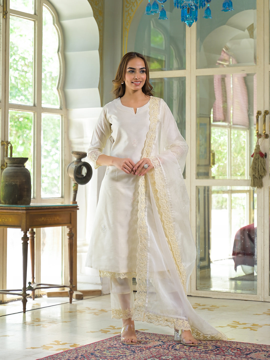 Noe Velarro Cream Chanderi Kurta Pant With Dupatta