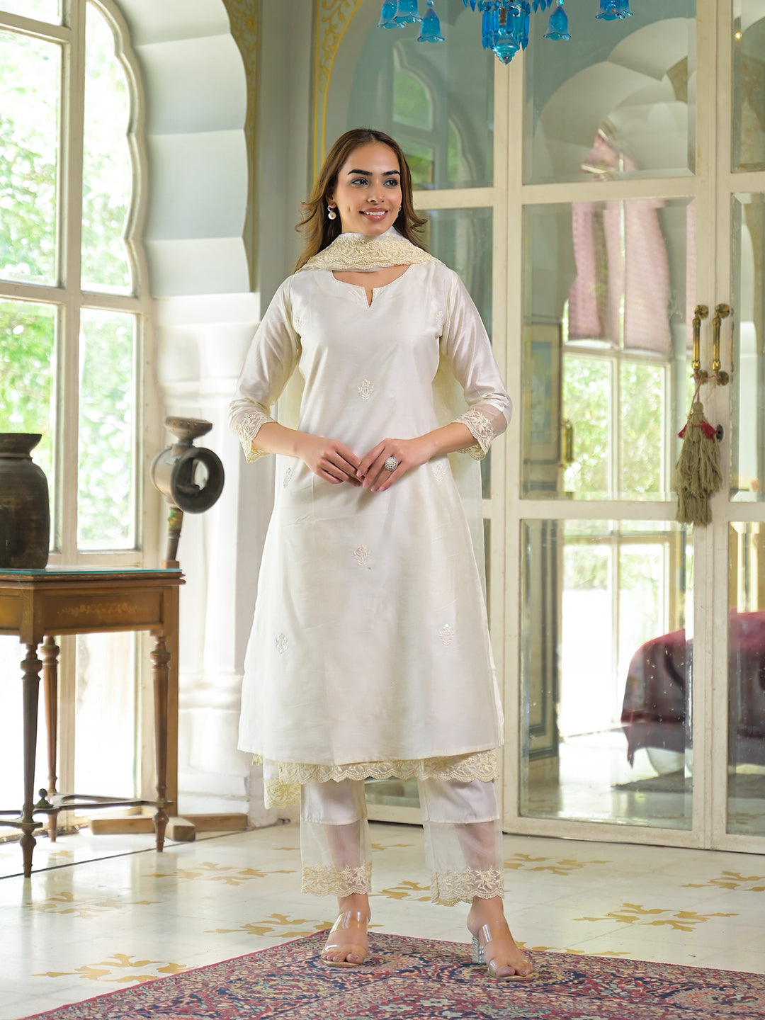 Noe Velarro Cream Chanderi Kurta Pant With Dupatta