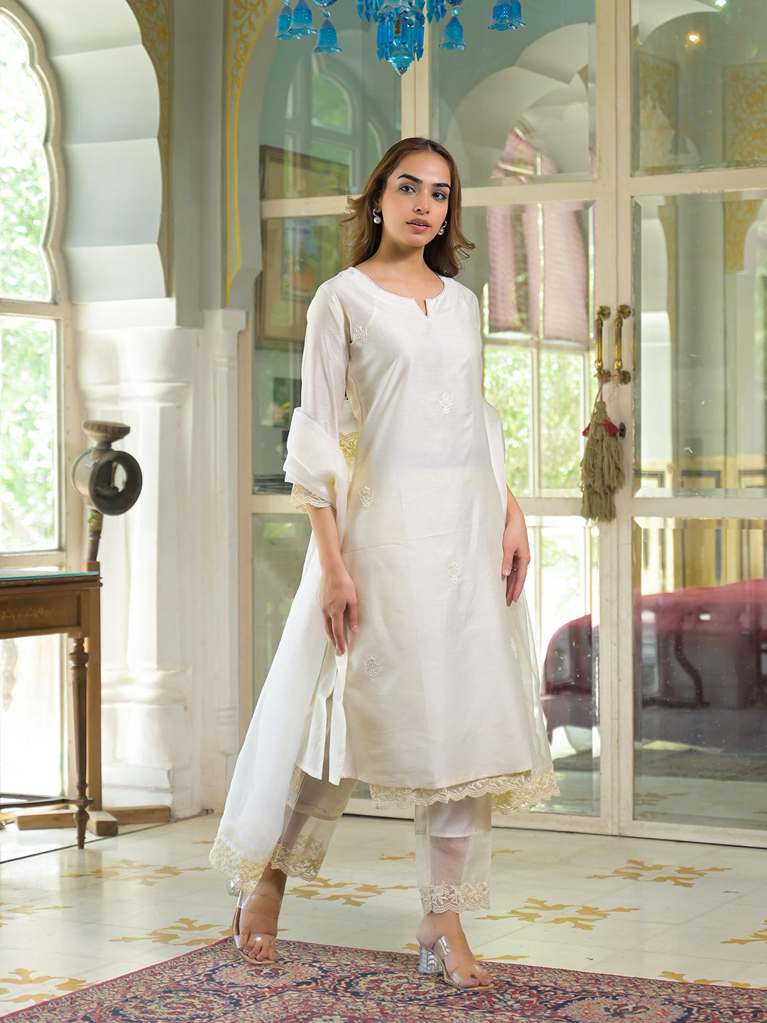 Noe Velarro Cream Chanderi Kurta Pant With Dupatta