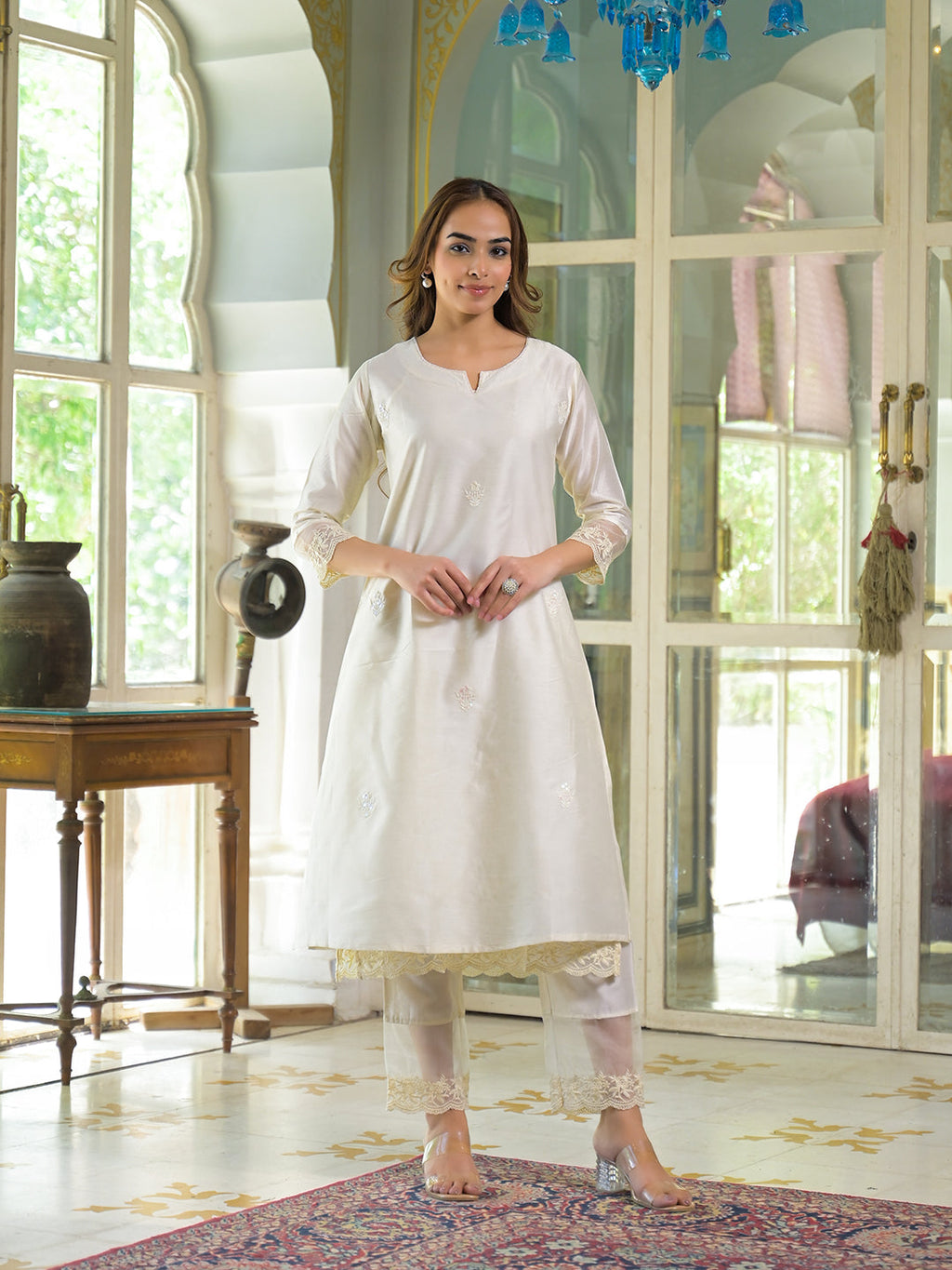 Noe Velarro Cream Chanderi Kurta Pant With Dupatta