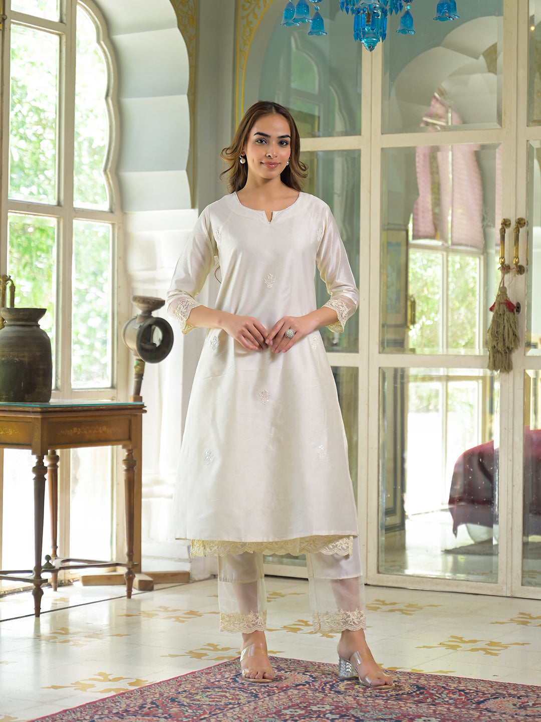 Noe Velarro Cream Chanderi Kurta Pant With Dupatta