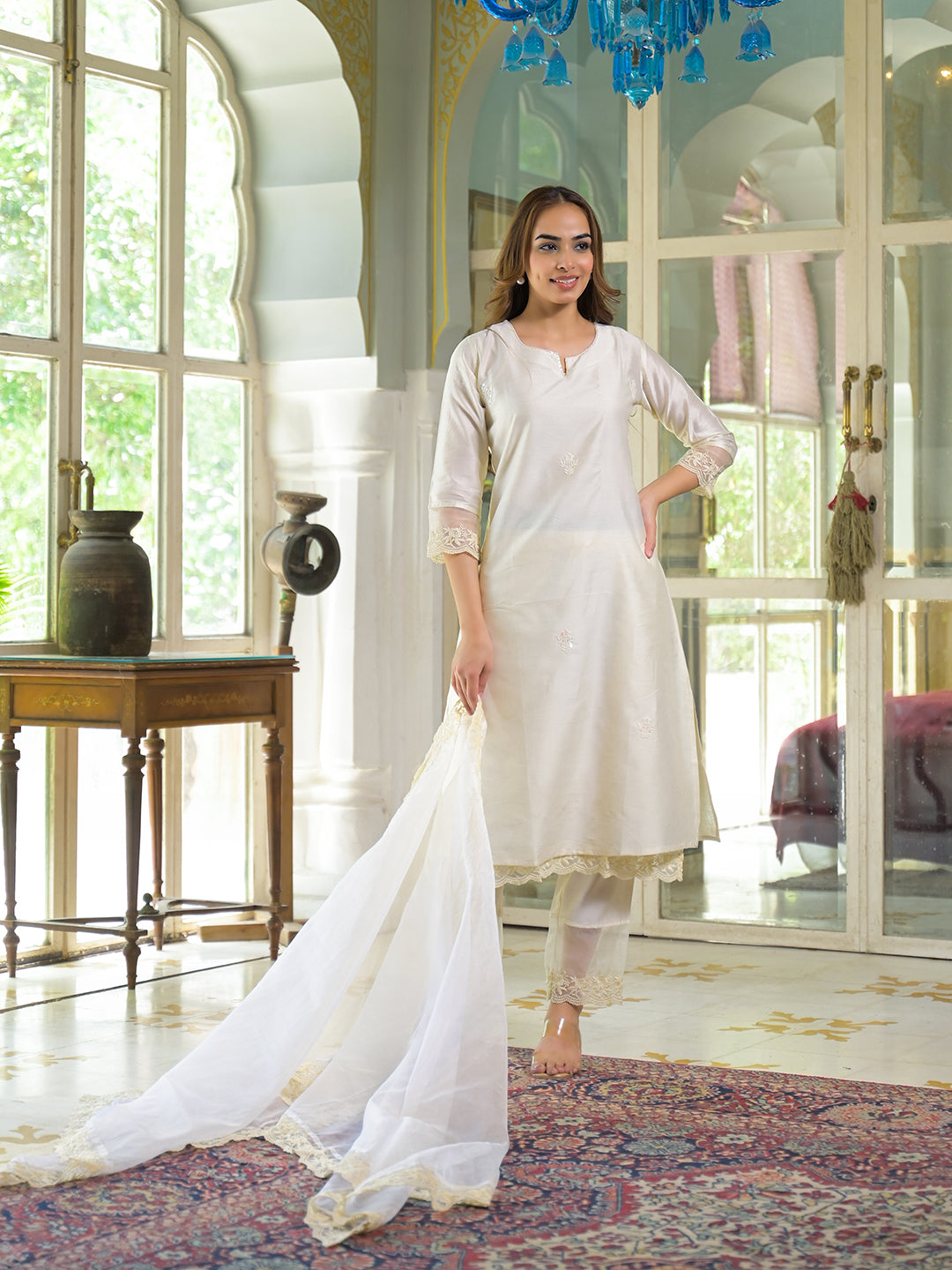 Noe Velarro Cream Chanderi Kurta Pant With Dupatta