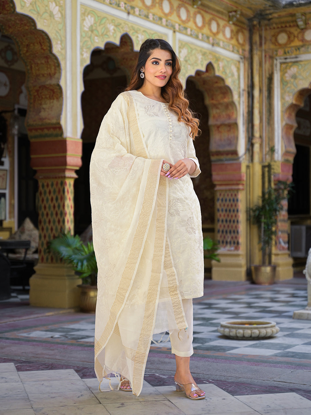 Noe Velarro Cream Solid Chanderi Silk kurta Pant With Dupatta