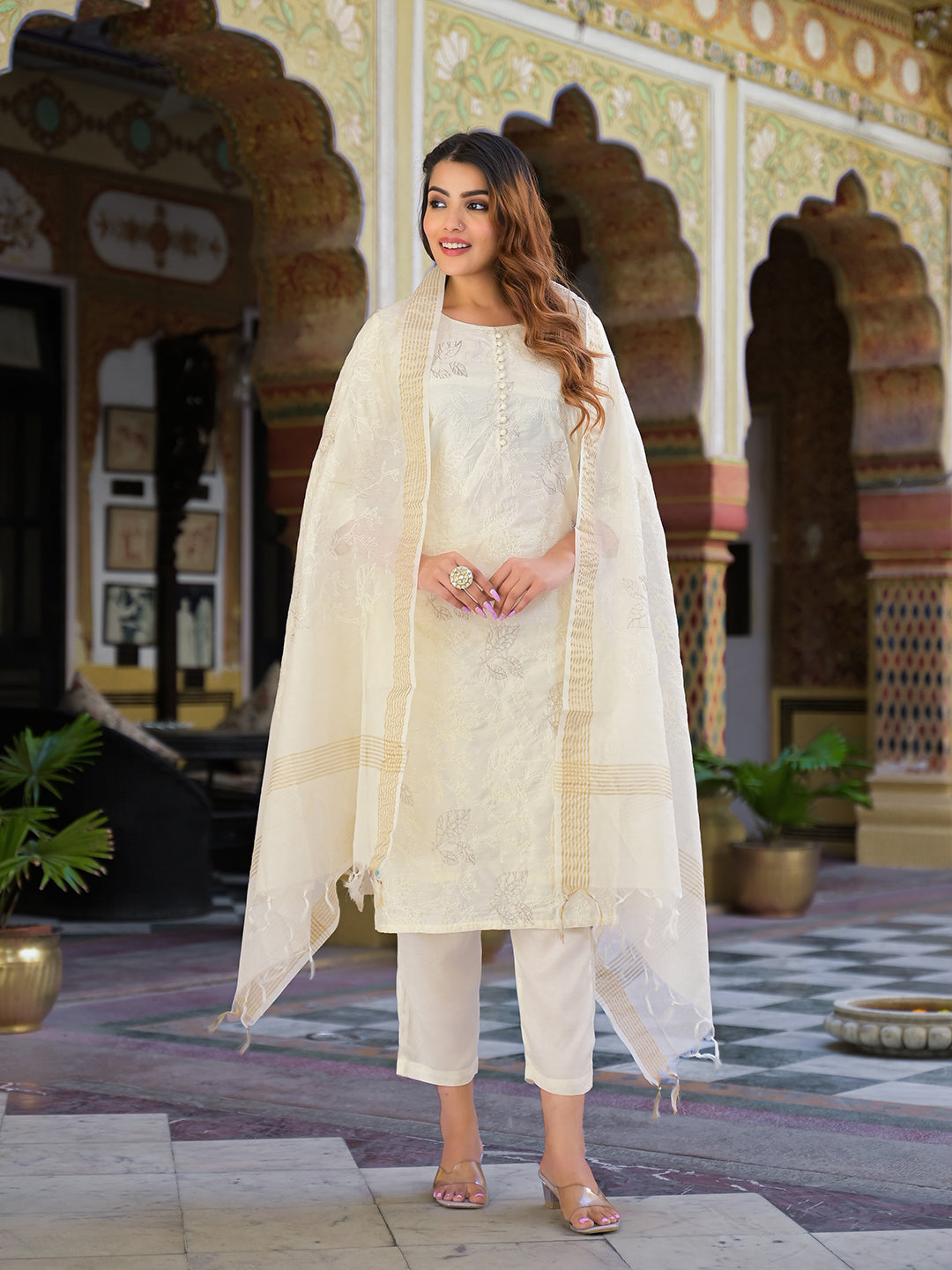 Noe Velarro Cream Solid Chanderi Silk kurta Pant With Dupatta