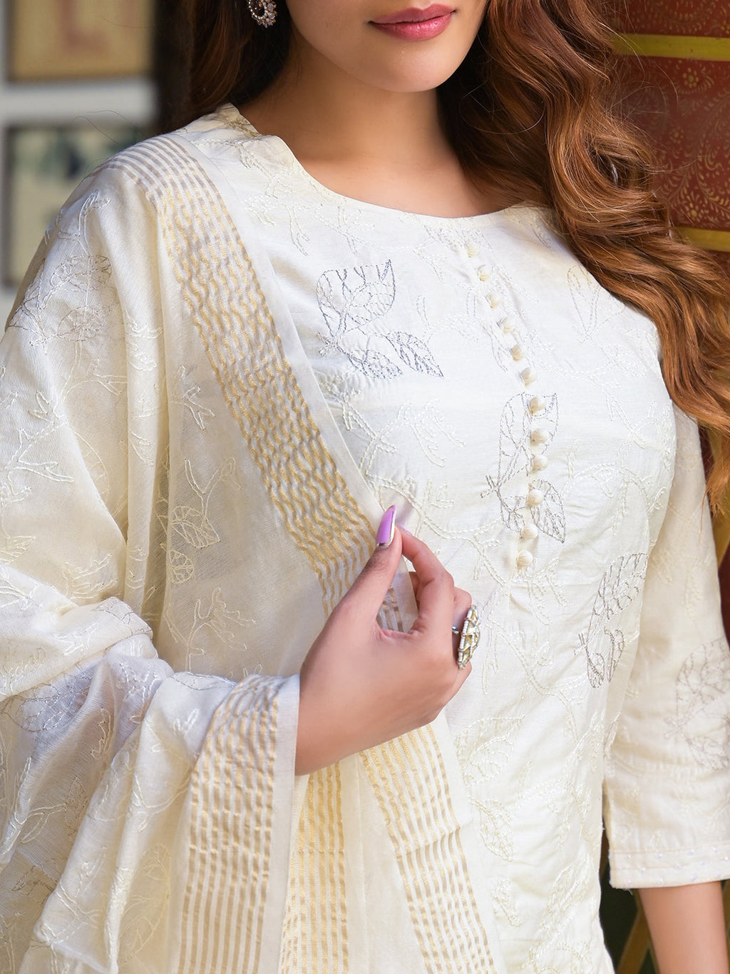 Noe Velarro Cream Solid Chanderi Silk kurta Pant With Dupatta