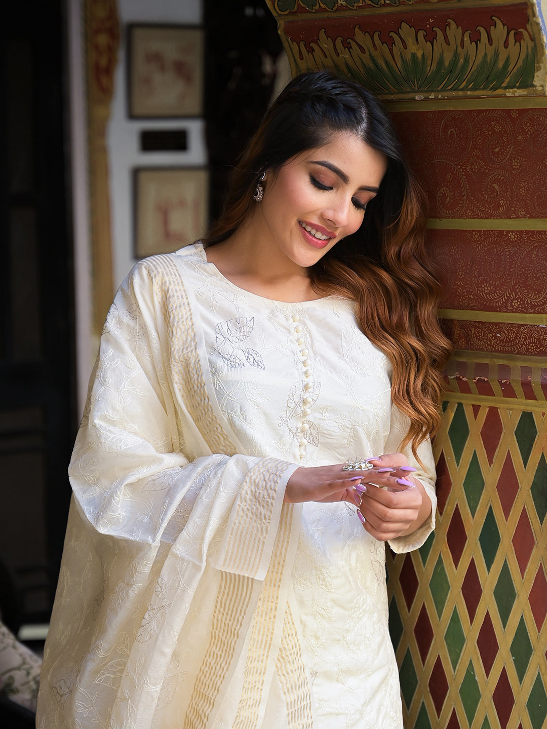 Noe Velarro Cream Solid Chanderi Silk kurta Pant With Dupatta