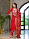 Noe Velarro Red Embroidered Chanderi Silk Kurta pants with Banarashi Dupatta