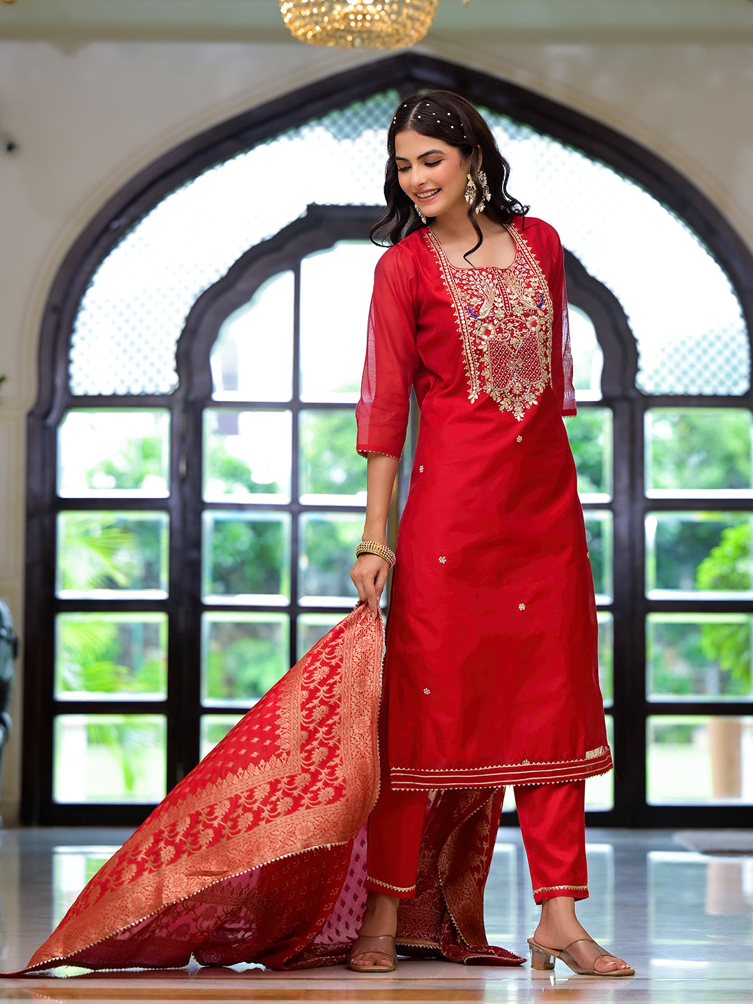 Noe Velarro Red Embroidered Chanderi Silk Kurta pants with Banarashi Dupatta